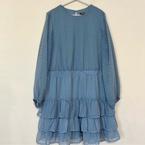 Express Blue Clip Dot Tiered Smocked Waist Long Sleeve A-Line Dress SIZE XL